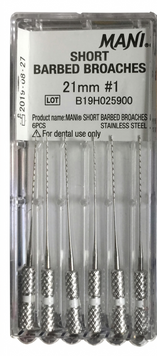 Пульпоекстрактори Mani Short Barbed Broaches #1 (L21 мм - 6шт) ручні ендодонтичні інструменти 21-001-SBB фото